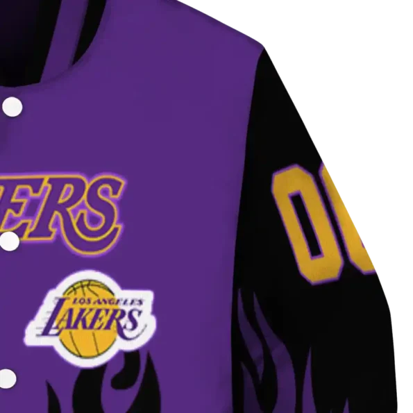 custom los angeles lakers flame border purple black varsity jacket premium grade.webp
