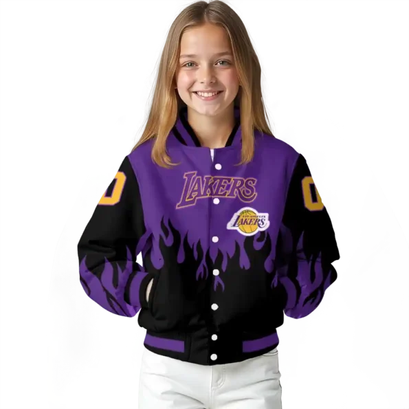 custom los angeles lakers flame border purple black varsity jacket top rated.webp