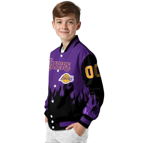 custom los angeles lakers flame border purple black varsity jacket trendy.webp