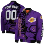 custom los angeles lakers hexagon cluster purple black bomber jacket best selling