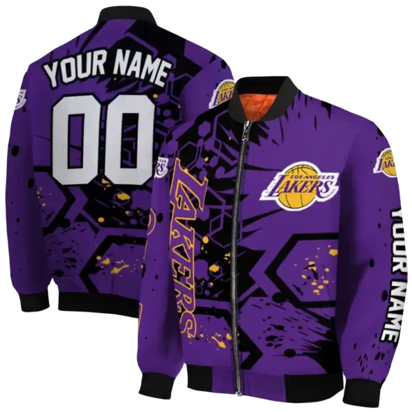 custom los angeles lakers hexagon cluster purple black bomber jacket fashion forward