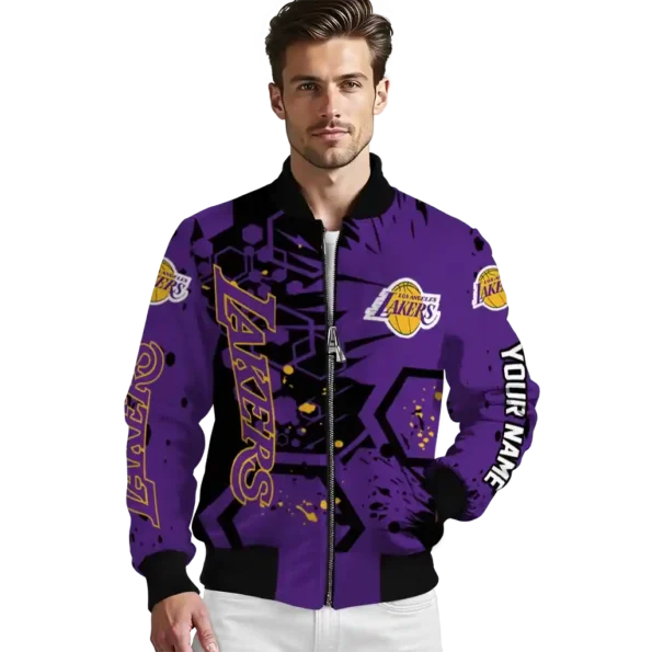 custom los angeles lakers hexagon cluster purple black bomber jacket high quality