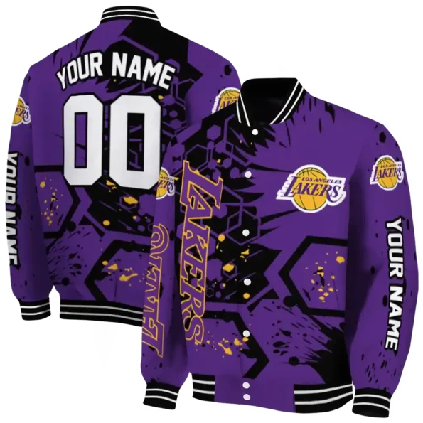custom los angeles lakers hexagon cluster purple black varsity jacket fashion forward.webp