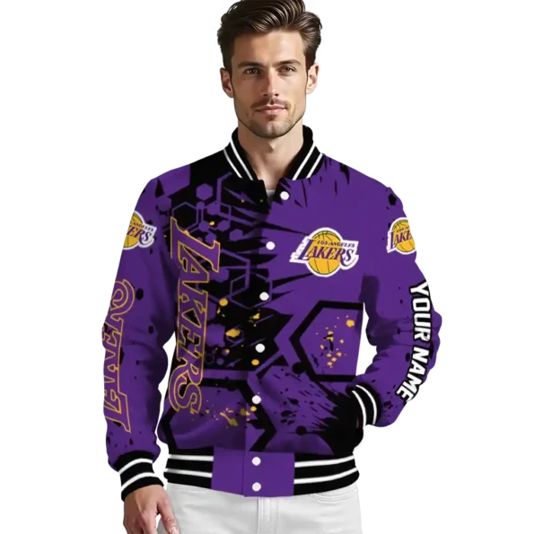custom los angeles lakers hexagon cluster purple black varsity jacket high quality.webp