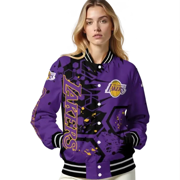 custom los angeles lakers hexagon cluster purple black varsity jacket latest model.webp