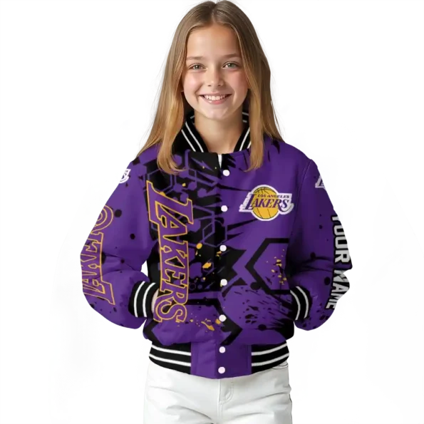 custom los angeles lakers hexagon cluster purple black varsity jacket top rated.webp