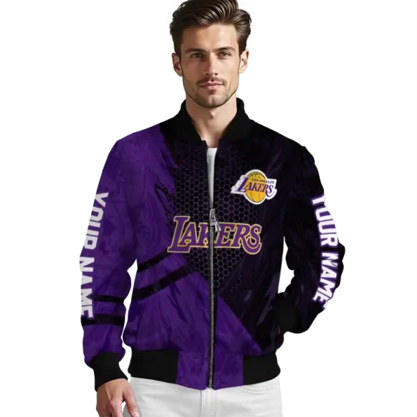 custom los angeles lakers hexagon mesh purple black bomber jacket high quality