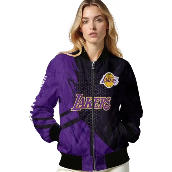 custom los angeles lakers hexagon mesh purple black bomber jacket latest model