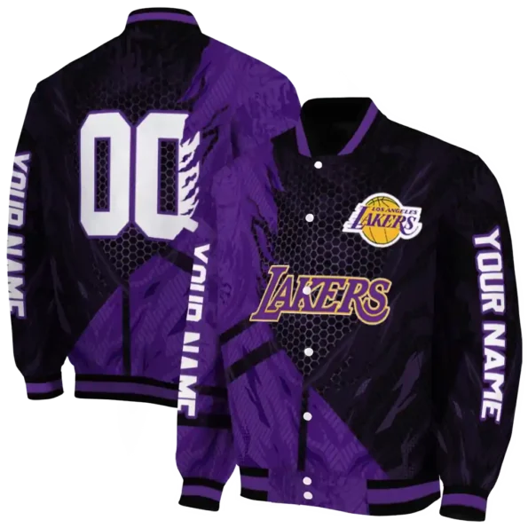 custom los angeles lakers hexagon mesh purple black varsity jacket fashion forward.webp