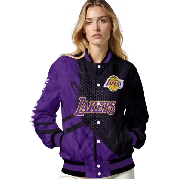 custom los angeles lakers hexagon mesh purple black varsity jacket latest model.webp