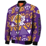 custom los angeles lakers pyramid shapes purple bomber jacket best selling