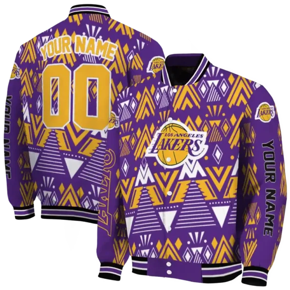 custom los angeles lakers pyramid shapes purple varsity jacket fashion forward.webp