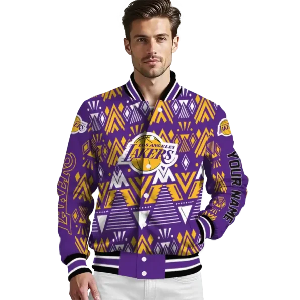 custom los angeles lakers pyramid shapes purple varsity jacket high quality.webp