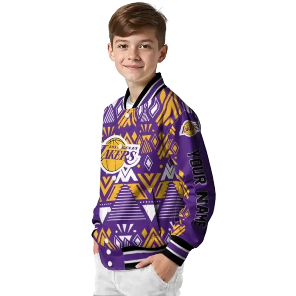 custom los angeles lakers pyramid shapes purple varsity jacket trendy.webp