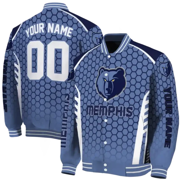 custom memphis grizzlies hexagon grid blue varsity jacket fashion forward.webp