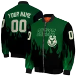 custom milwaukee bucks flame border green black bomber jacket best selling