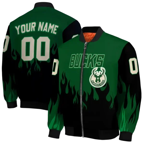 custom milwaukee bucks flame border green black bomber jacket fashion forward