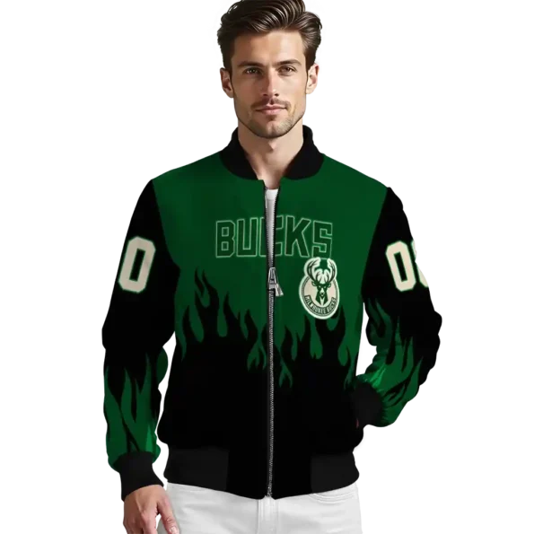 custom milwaukee bucks flame border green black bomber jacket high quality