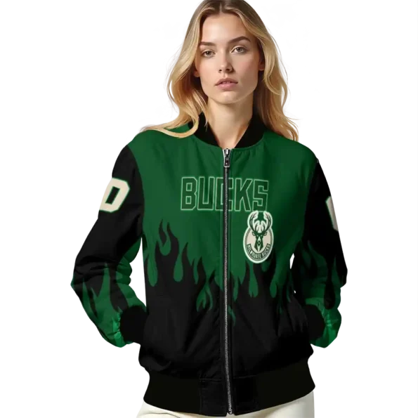 custom milwaukee bucks flame border green black bomber jacket latest model