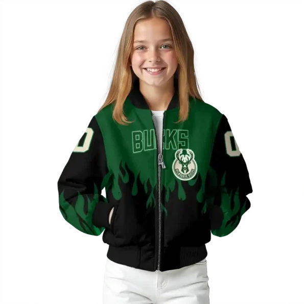 custom milwaukee bucks flame border green black bomber jacket top rated