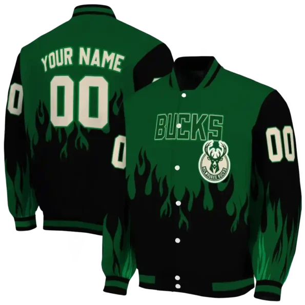 custom milwaukee bucks flame border green black varsity jacket fashion forward.webp