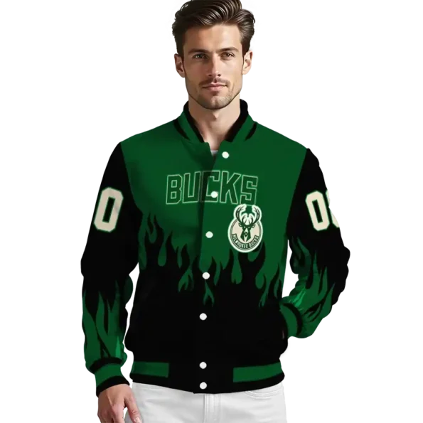 custom milwaukee bucks flame border green black varsity jacket high quality.webp