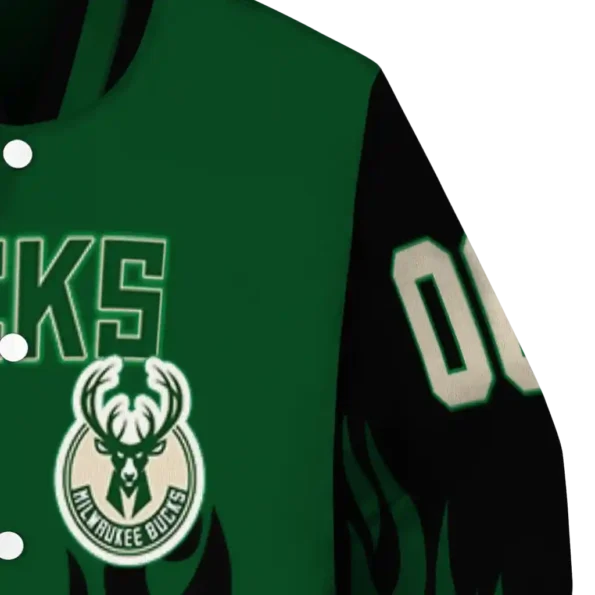 custom milwaukee bucks flame border green black varsity jacket premium grade.webp