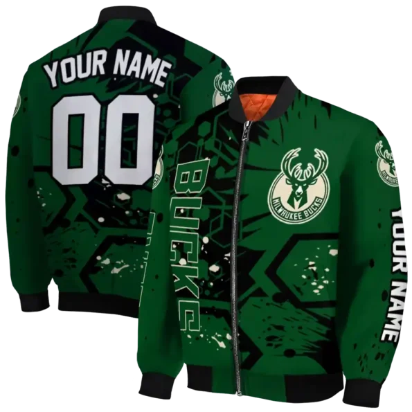 custom milwaukee bucks hexagon cluster green black bomber jacket fashion forward