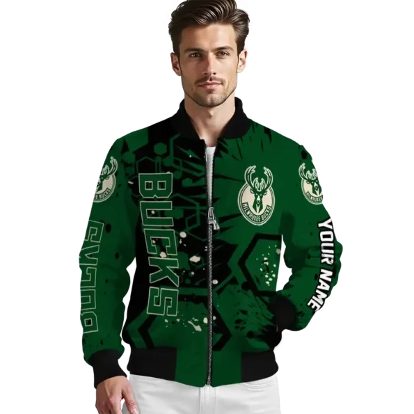 custom milwaukee bucks hexagon cluster green black bomber jacket high quality