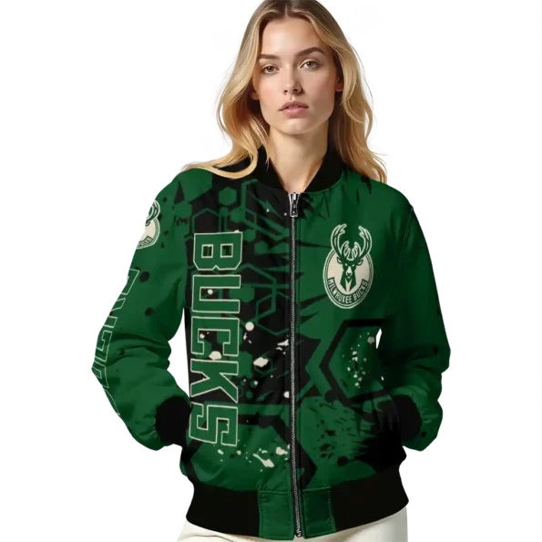 custom milwaukee bucks hexagon cluster green black bomber jacket latest model