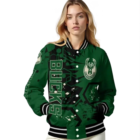 custom milwaukee bucks hexagon cluster green black varsity jacket latest model.webp