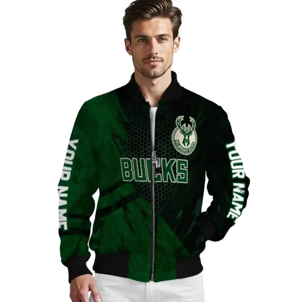 custom milwaukee bucks hexagon mesh green black bomber jacket high quality
