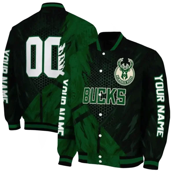 custom milwaukee bucks hexagon mesh green black varsity jacket fashion forward.webp