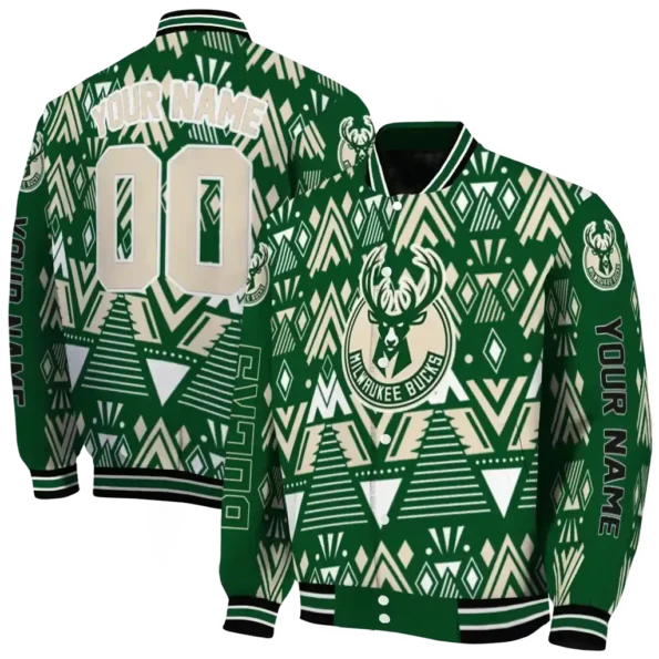 custom milwaukee bucks pyramid shapes green varsity jacket fashion forward.webp