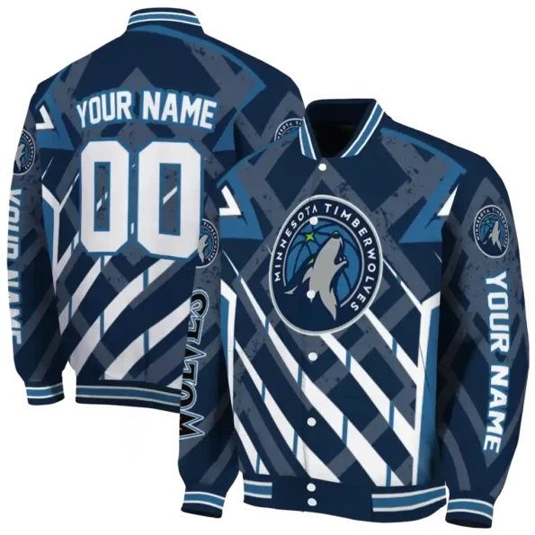 custom minnesota timberwolves chevron angles midnight blue varsity jacket fashion forward.webp