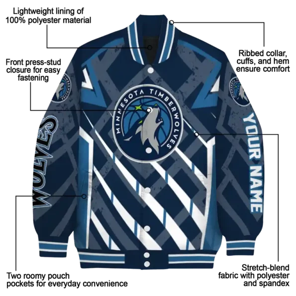 custom minnesota timberwolves chevron angles midnight blue varsity jacket new arrival.webp