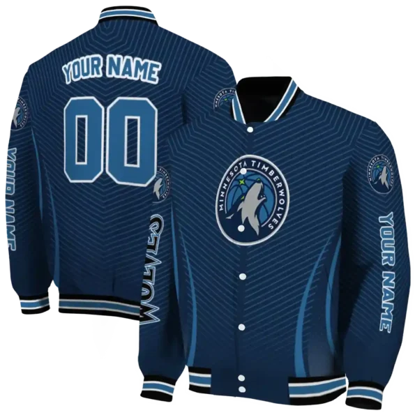 custom minnesota timberwolves chevron arrow midnight blue varsity jacket fashion forward.webp