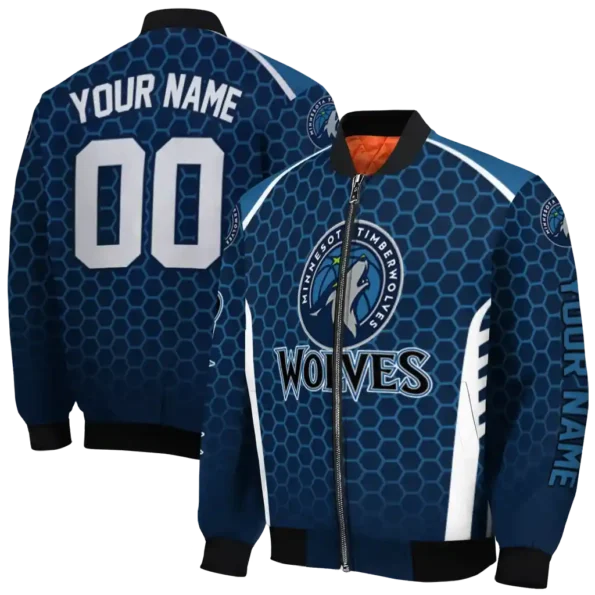 custom minnesota timberwolves hexagon grid midnight blue bomber jacket fashion forward
