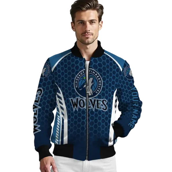 custom minnesota timberwolves hexagon grid midnight blue bomber jacket high quality