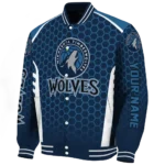 custom minnesota timberwolves hexagon grid midnight blue varsity jacket best selling.webp