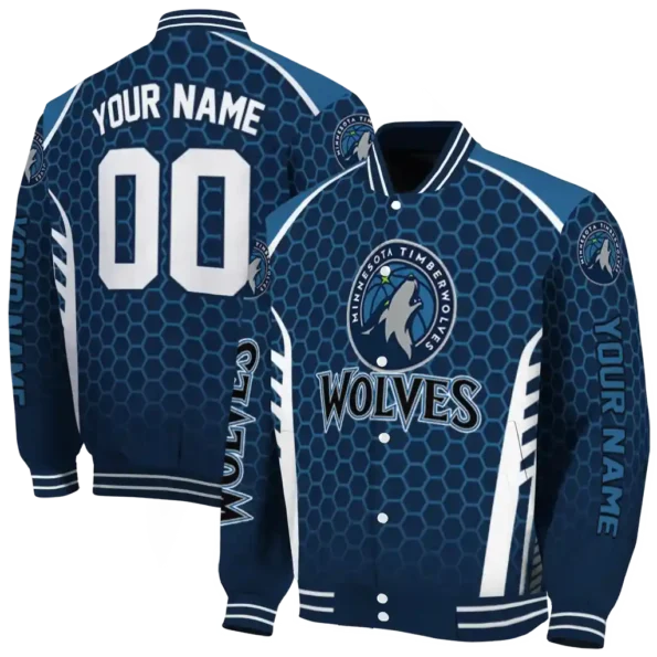 custom minnesota timberwolves hexagon grid midnight blue varsity jacket fashion forward.webp