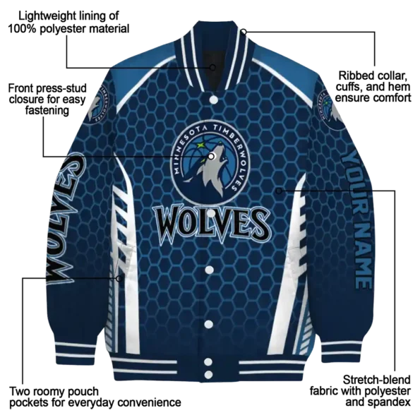 custom minnesota timberwolves hexagon grid midnight blue varsity jacket new arrival.webp