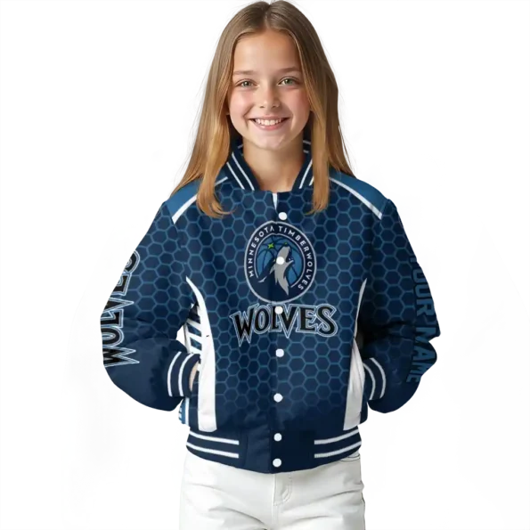 custom minnesota timberwolves hexagon grid midnight blue varsity jacket top rated.webp