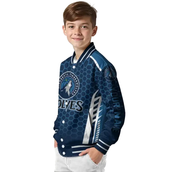 custom minnesota timberwolves hexagon grid midnight blue varsity jacket trendy.webp