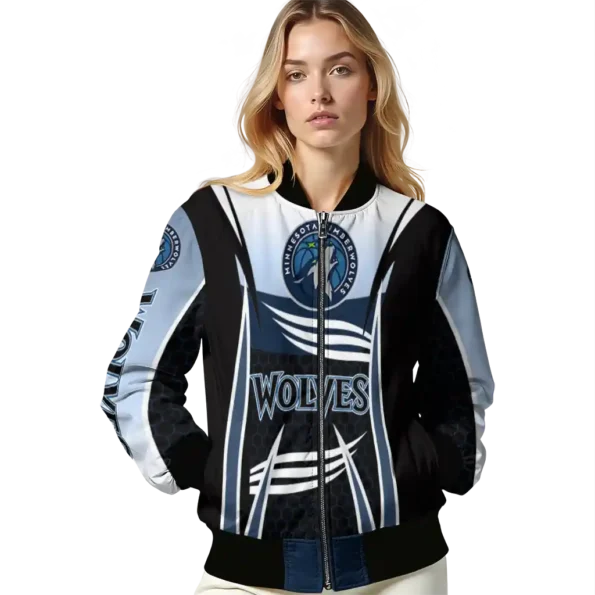 custom minnesota timberwolves mesh effect midnight blue black bomber jacket latest model