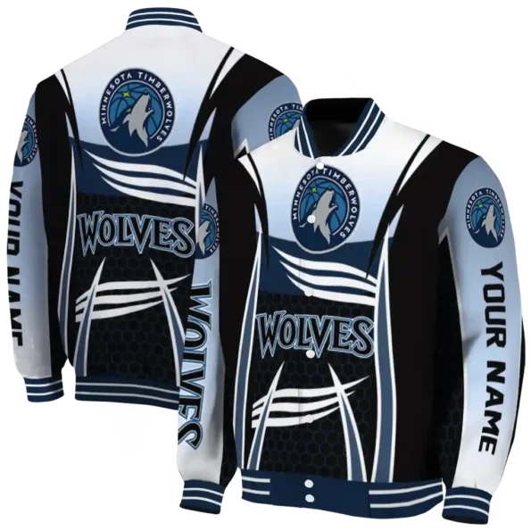 custom minnesota timberwolves mesh effect midnight blue black varsity jacket fashion forward.webp