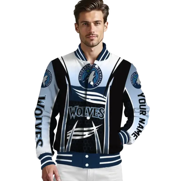 custom minnesota timberwolves mesh effect midnight blue black varsity jacket high quality.webp