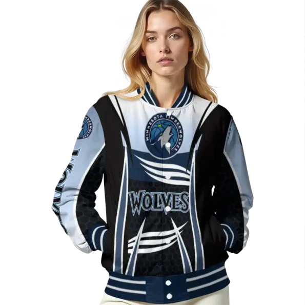 custom minnesota timberwolves mesh effect midnight blue black varsity jacket latest model.webp