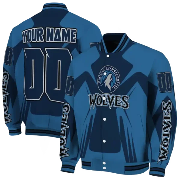 custom minnesota timberwolves spider mark midnight blue varsity jacket fashion forward.webp