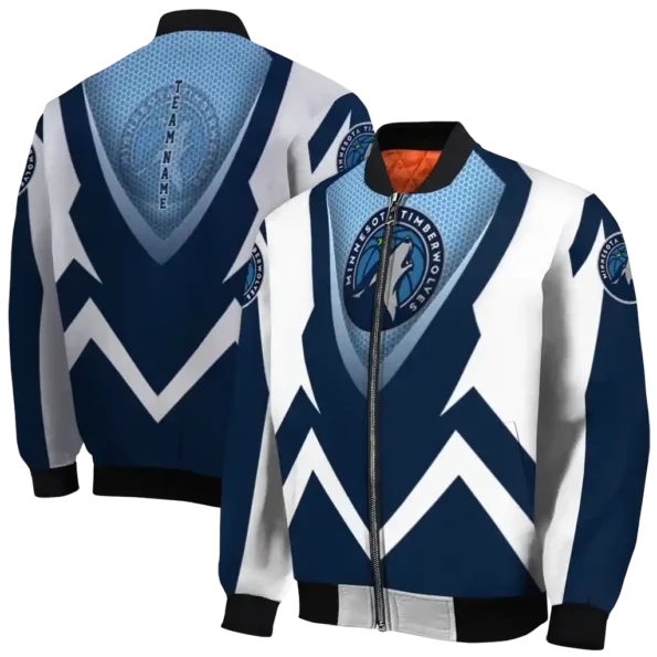 custom minnesota timberwolves v stripes midnight blue white bomber jacket fashion forward